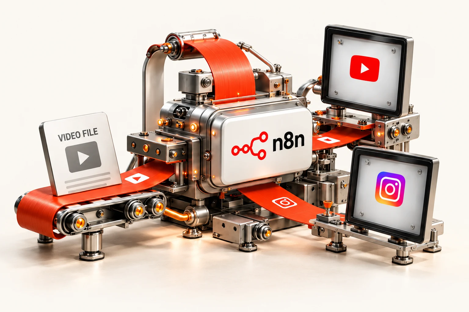 A precision automation machine connects prepared media to YouTube and Instagram.