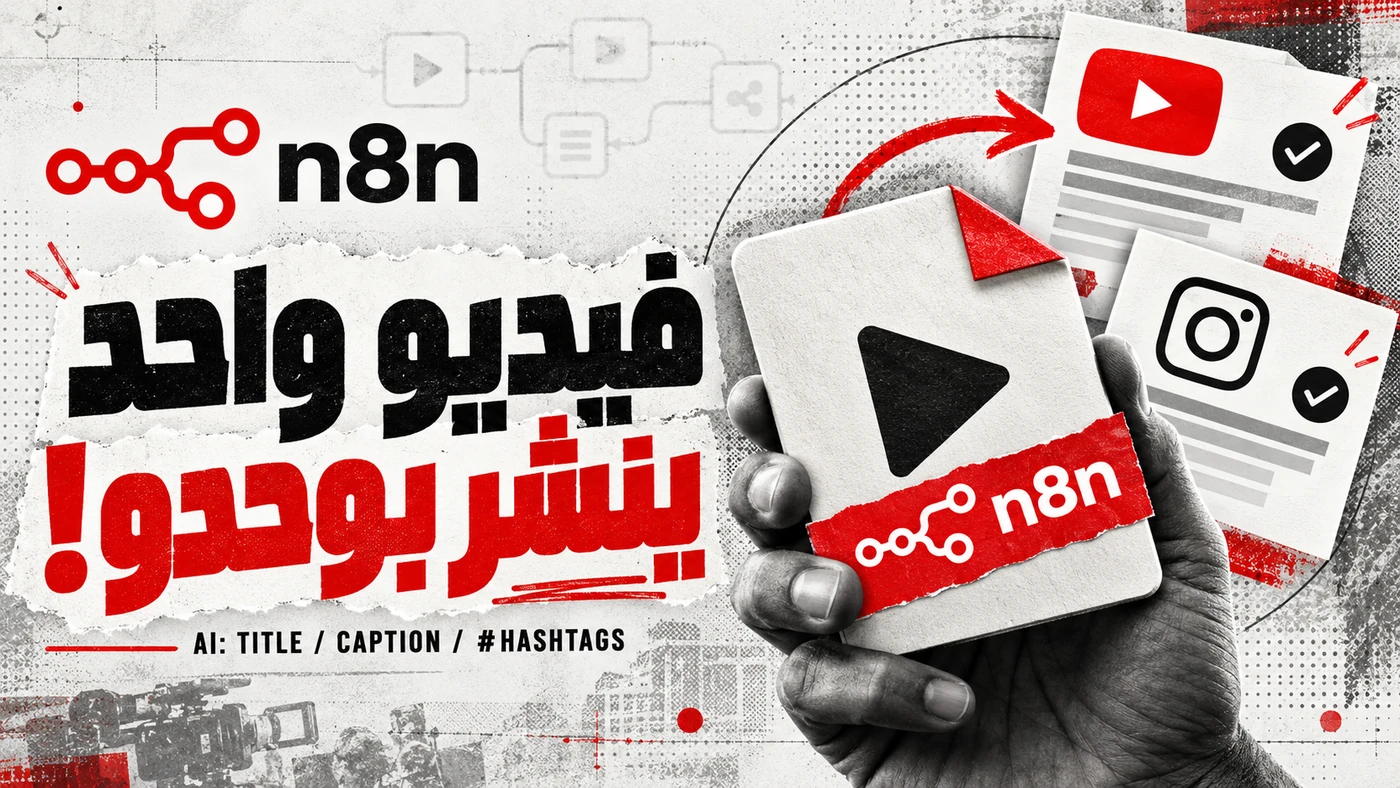 Editorial n8n publishing tutorial cover with YouTube and Instagram imagery.