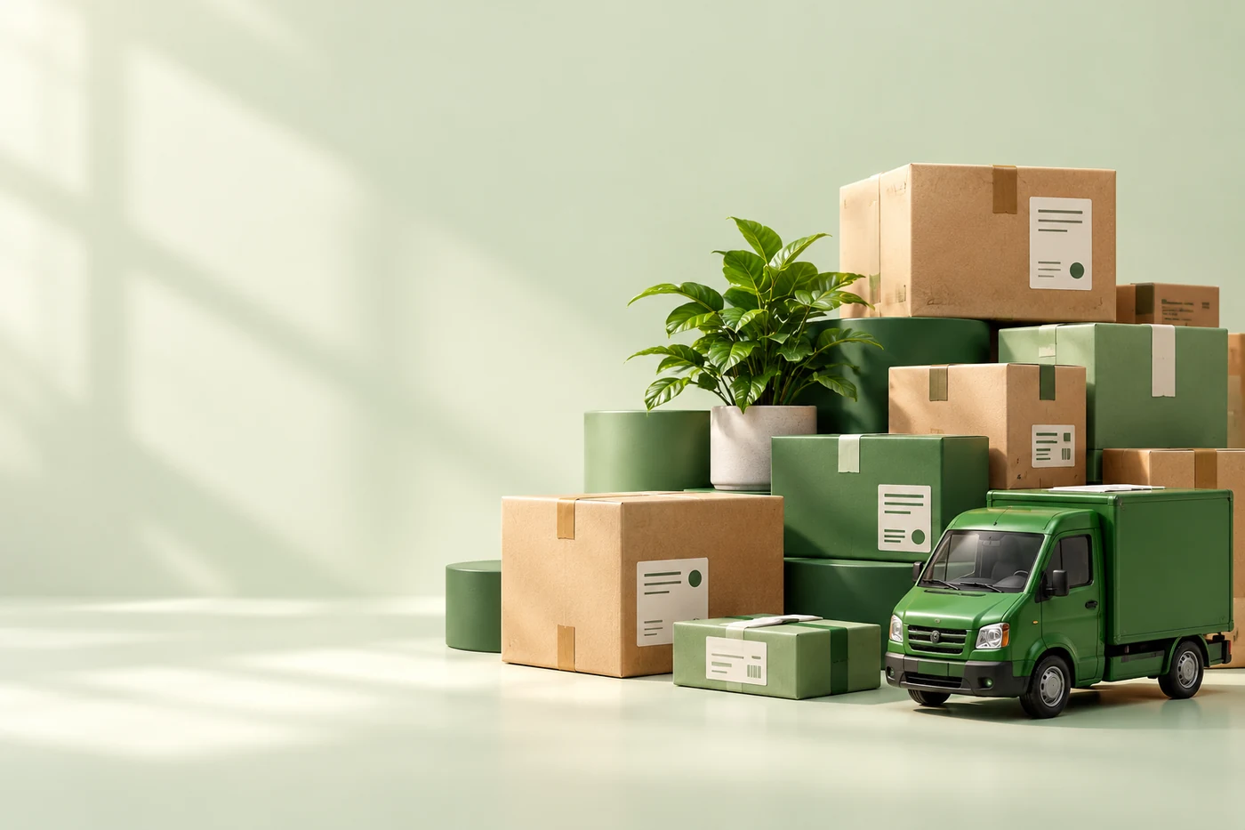 Concept artwork for Tavlyo: green and kraft parcels with a delivery van.
